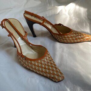 Prada Orange and Tan Woven Leather Slingbacks